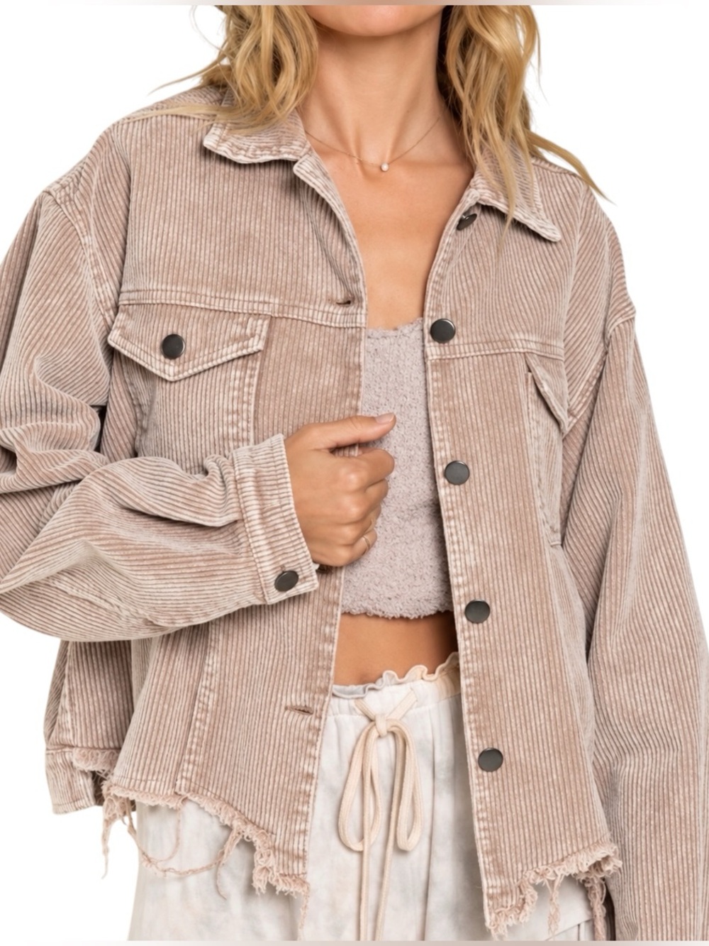 POL Blush Pink Corduroy Frayed Hem Button Front Jacket Shacket L